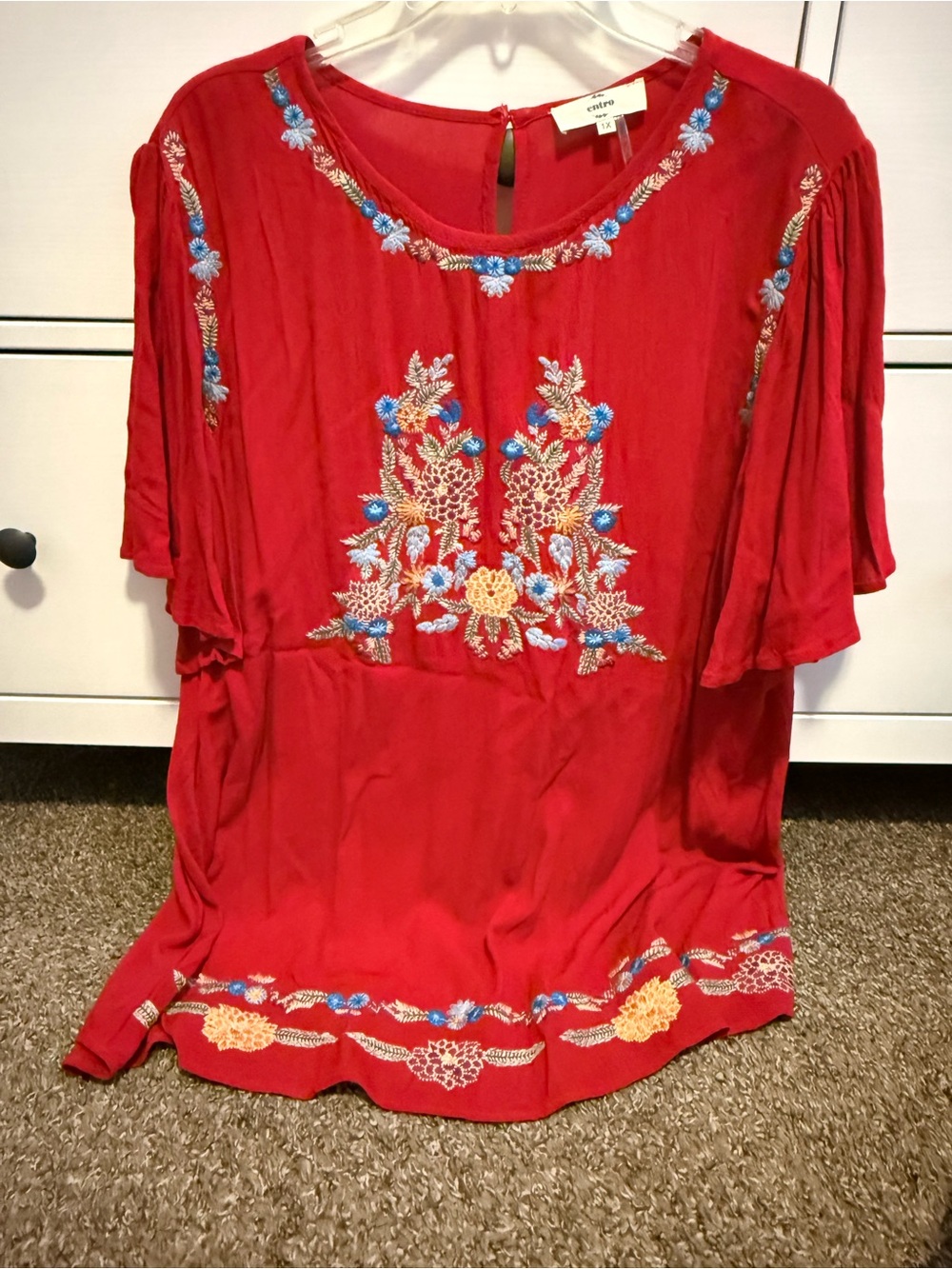 entro Red Embroidered Boho Flutter-Sleeve Blouse